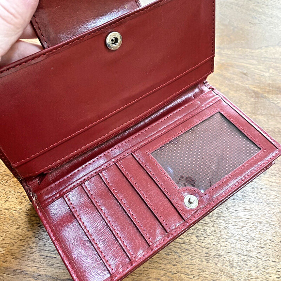 Vintage Y2K Red Leather Checkbook Wallet Moc Croc Silver Heart Clutch Purse - Picture 6 of 8